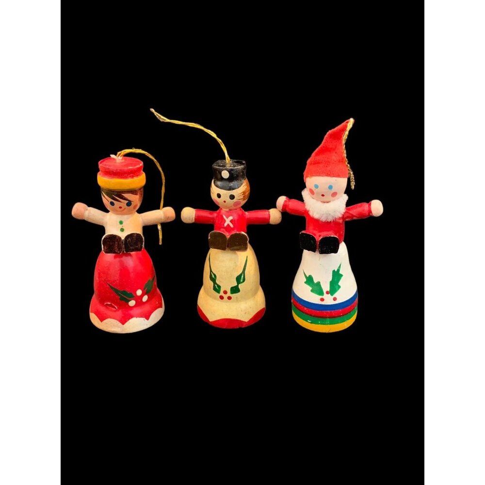 1970s VINTAGE TRIM A TREE  3 ORNAMENTS WOODEN HAND-PAINTED EUC
